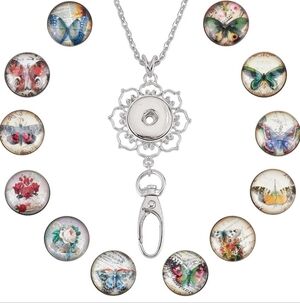 Snap Jewelry Lanyard Necklace With 12 Interchangeable Butterflies Roses Buttons